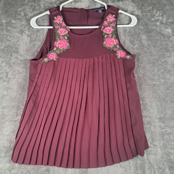 American Eagle Outfitters Tops - American Eagle Burgundy Pleated Floral Embroidered Sleeveless‎ Blouse Romantic